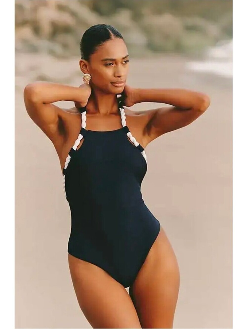 Wolven Navy Blue One-Piece Swimsuit with White Rope Detail
